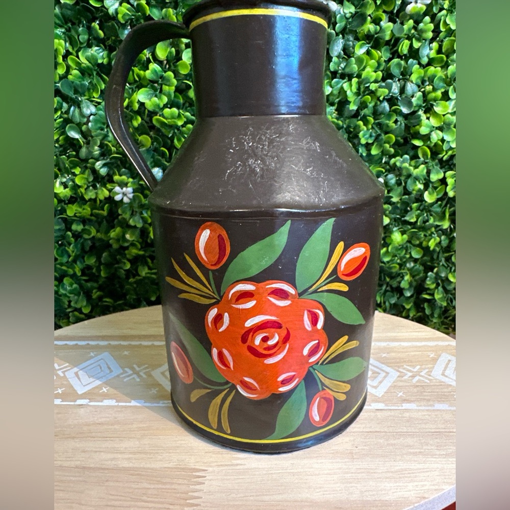 Vintage Toleware Hand Painted Milk Can With Handle